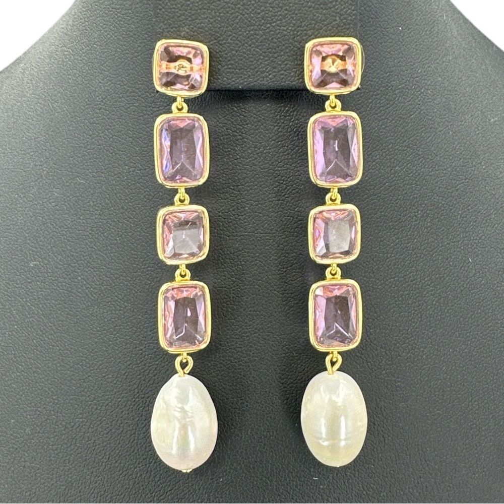 J. Crew Pink Crystal and Pearl Drop Earrings Gold Plated